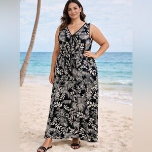 City Chic Black Floral Maxi Dress L 20 Tropical Sleeveless Plus Size Resort